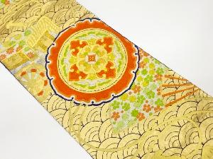 リサイクル　鏡裏に御所車・扇模様織出し袋帯